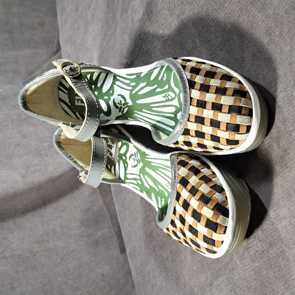 Fly London Shoes - Fly London Yohe Weaved Brown Grey White Suede Leather Wedges VG- EU 39 US 8-8.5